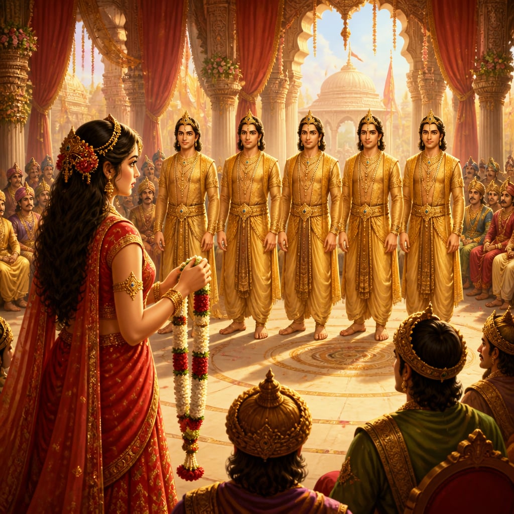 Damayanti walks past five identical Nalas in the swayamvara hall and places the marriage garland around the true Nala.