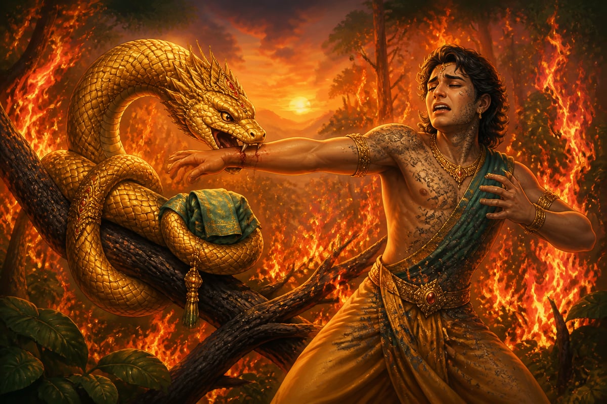 Karkotaka bites Nala in the burning forest