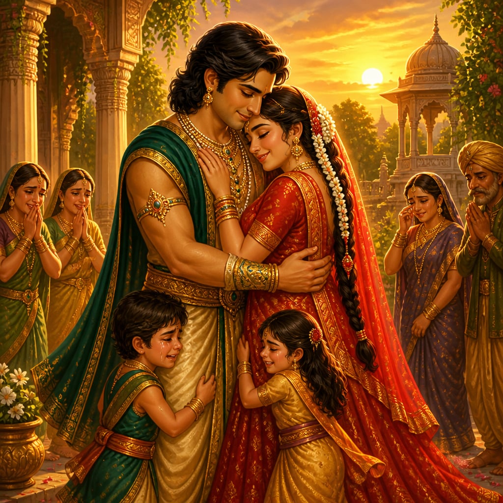 The disguised Bahuka embraces his children at King Bhima's palace, weeping as his composure breaks.