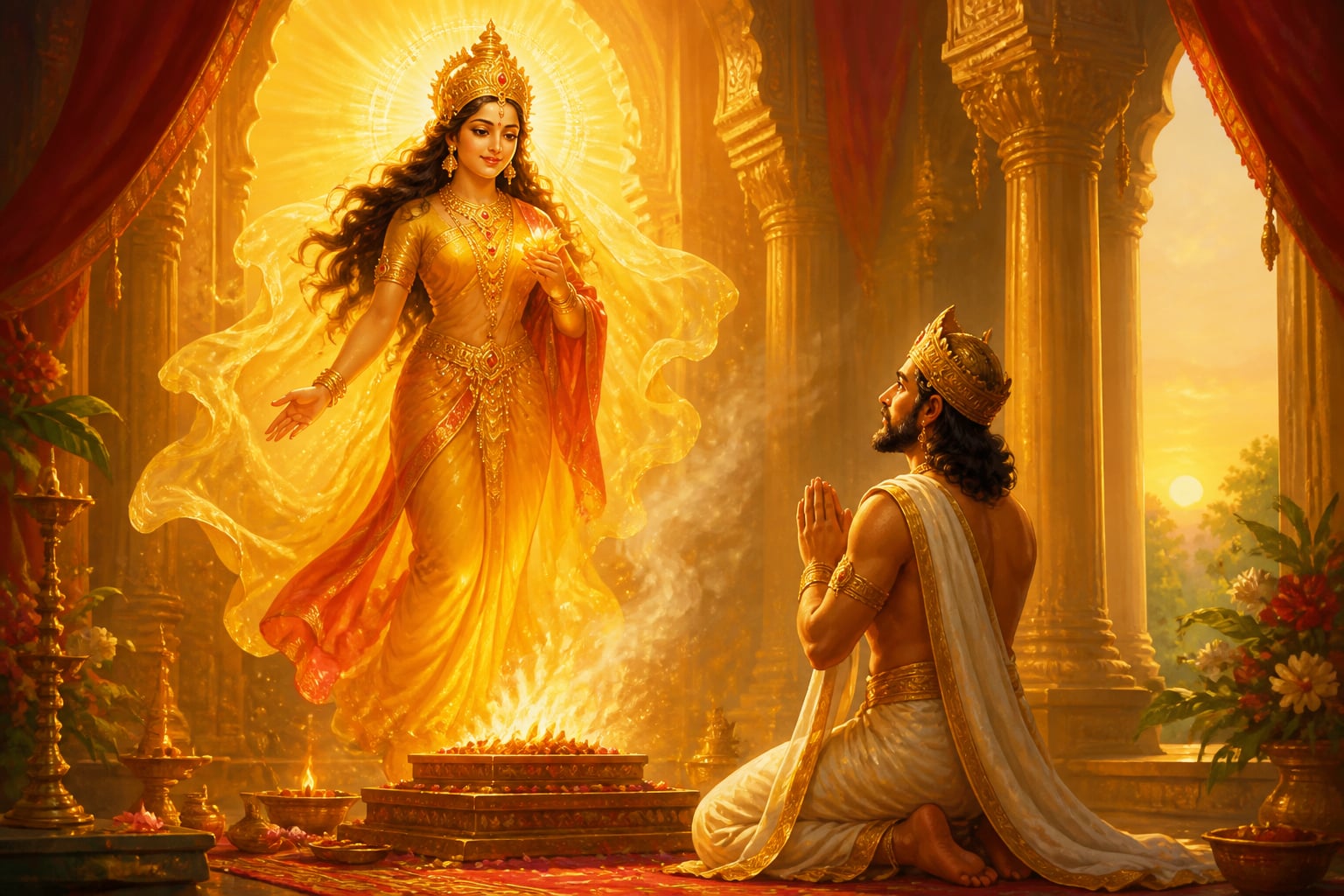 The goddess Savitri appears to King Ashvapati