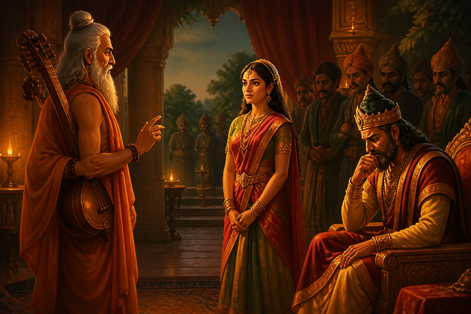 Narada delivers the prophecy in the assembly hall