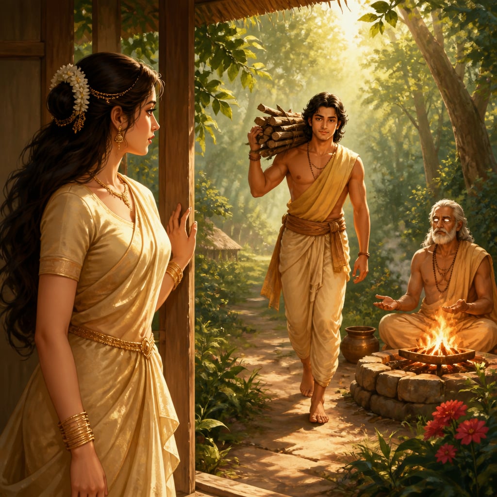 Savitri watches Satyavan carry firewood to his blind father at the forest hermitage, her choice settled.