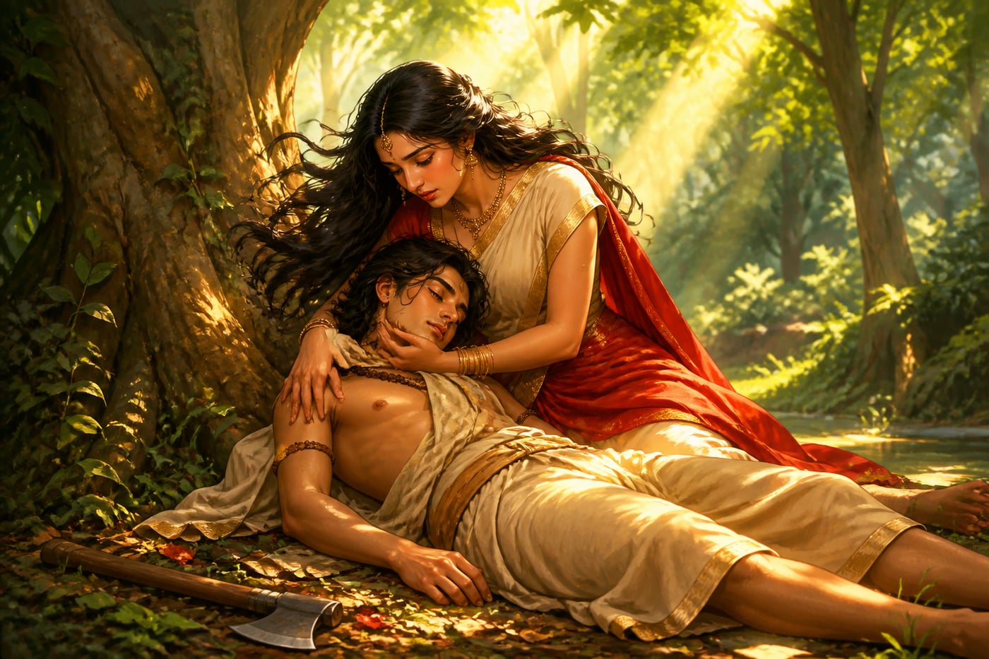 Satyavan collapses against the tree and Savitri catches him