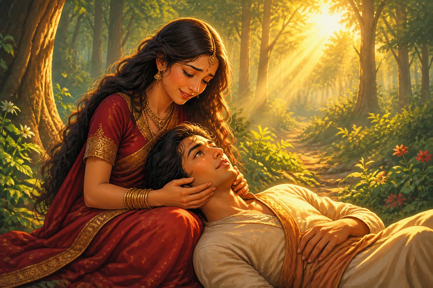 Satyavan opens his eyes restored in Savitri's lap