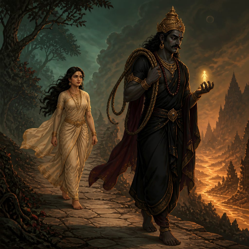 Savitri walks step by step behind Yama on the dim path between worlds as he carries Satyavan's soul.