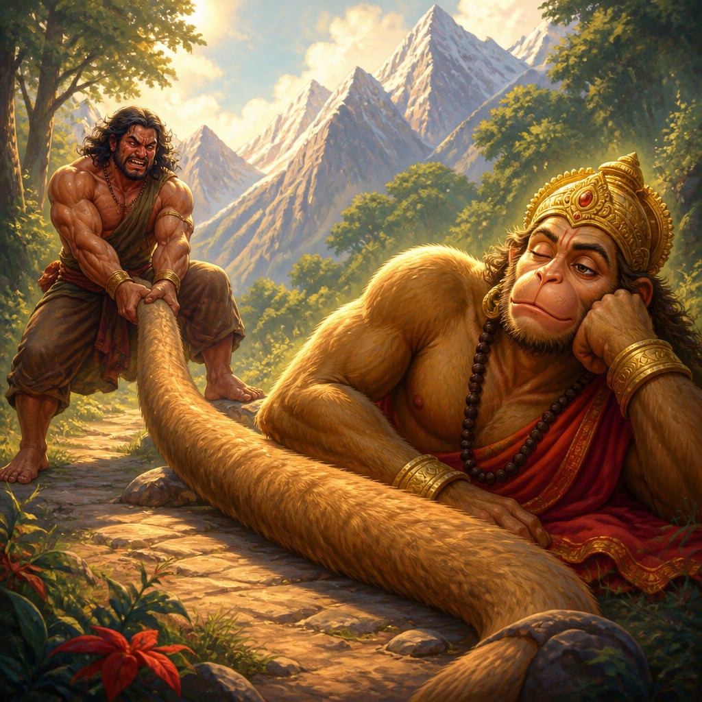 Bhima strains with both hands at the ancient monkey's tail on the Himalayan path while Hanuman watches with one half-open eye.