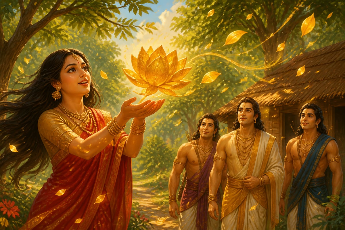 Draupadi catches the divine golden lotus on the wind