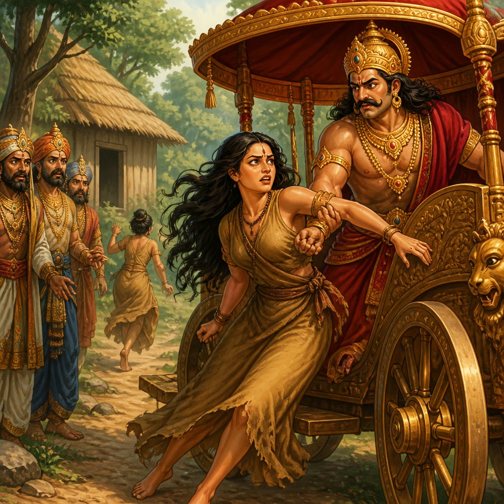 Jayadratha drags Draupadi onto his chariot at the empty Pandava hermitage as her servant flees toward the forest.