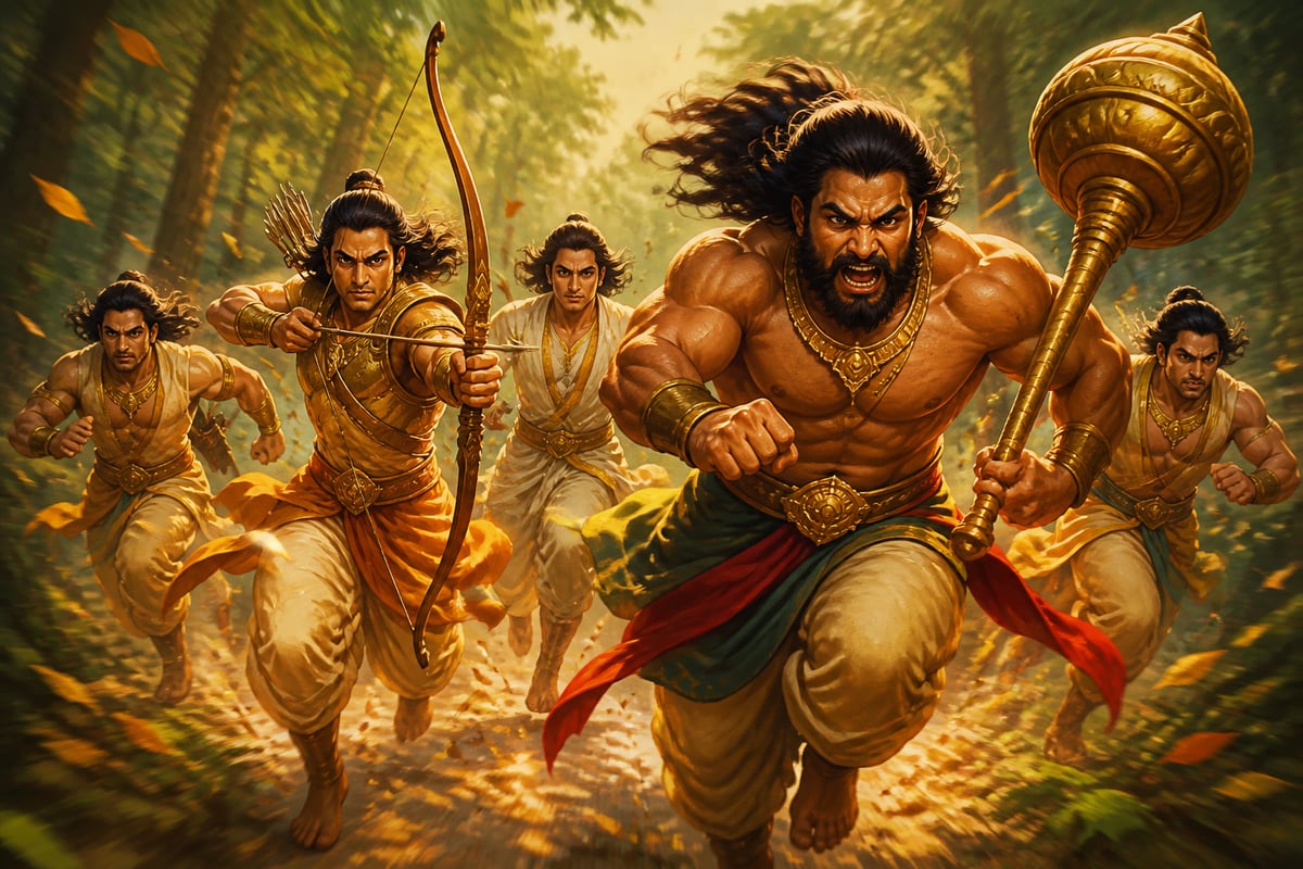 The five Pandavas race through the forest in pursuit