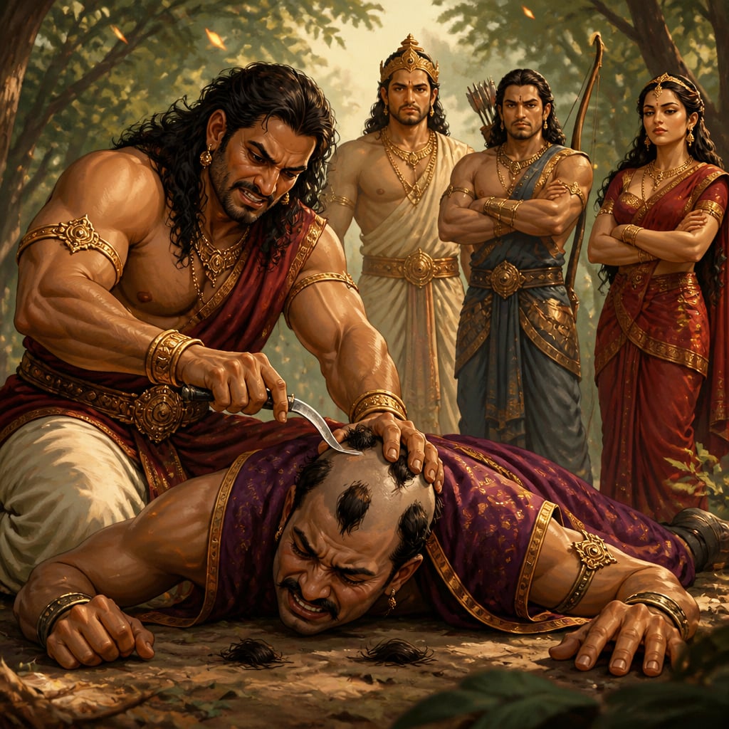 Bhima shaves Jayadratha's head leaving five tufts while Yudhishthira, Arjuna, and Draupadi stand in stern witness.