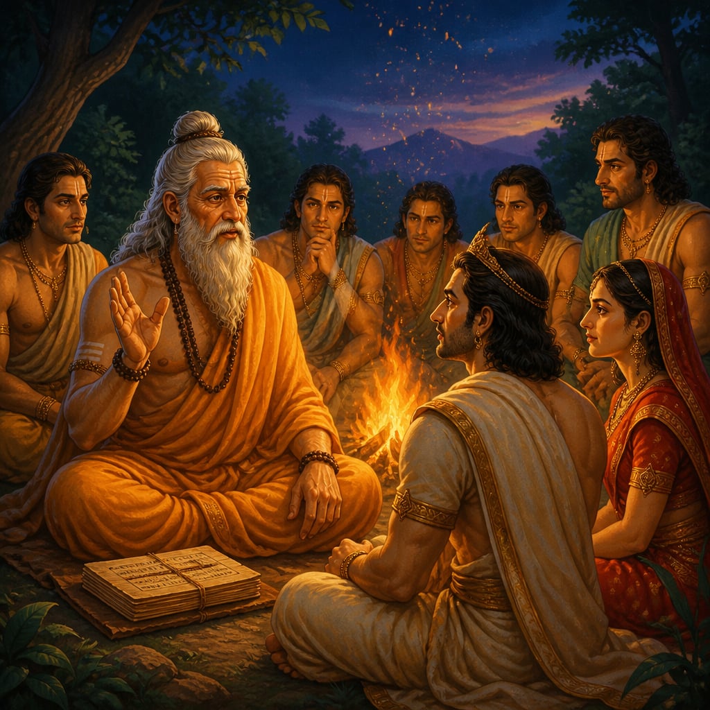 Markandeya sits before the Pandavas' fire at twilight, raising one hand as he begins to tell a story.