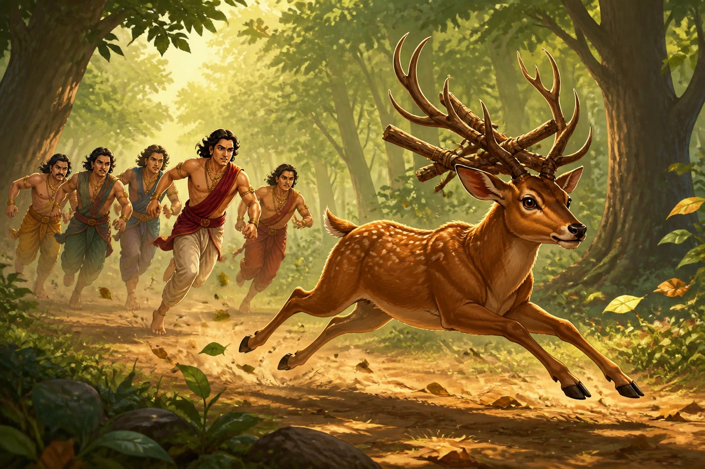 The deer carries the brahmin's fire sticks through the forest