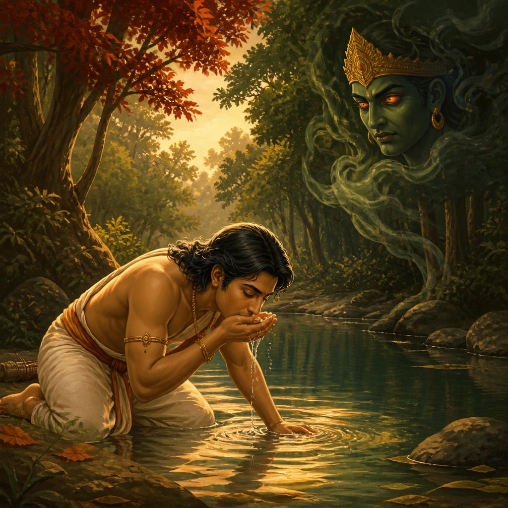 Nakula kneels at the still forest lake, lifts cupped water to his lips, and collapses into the shallows.