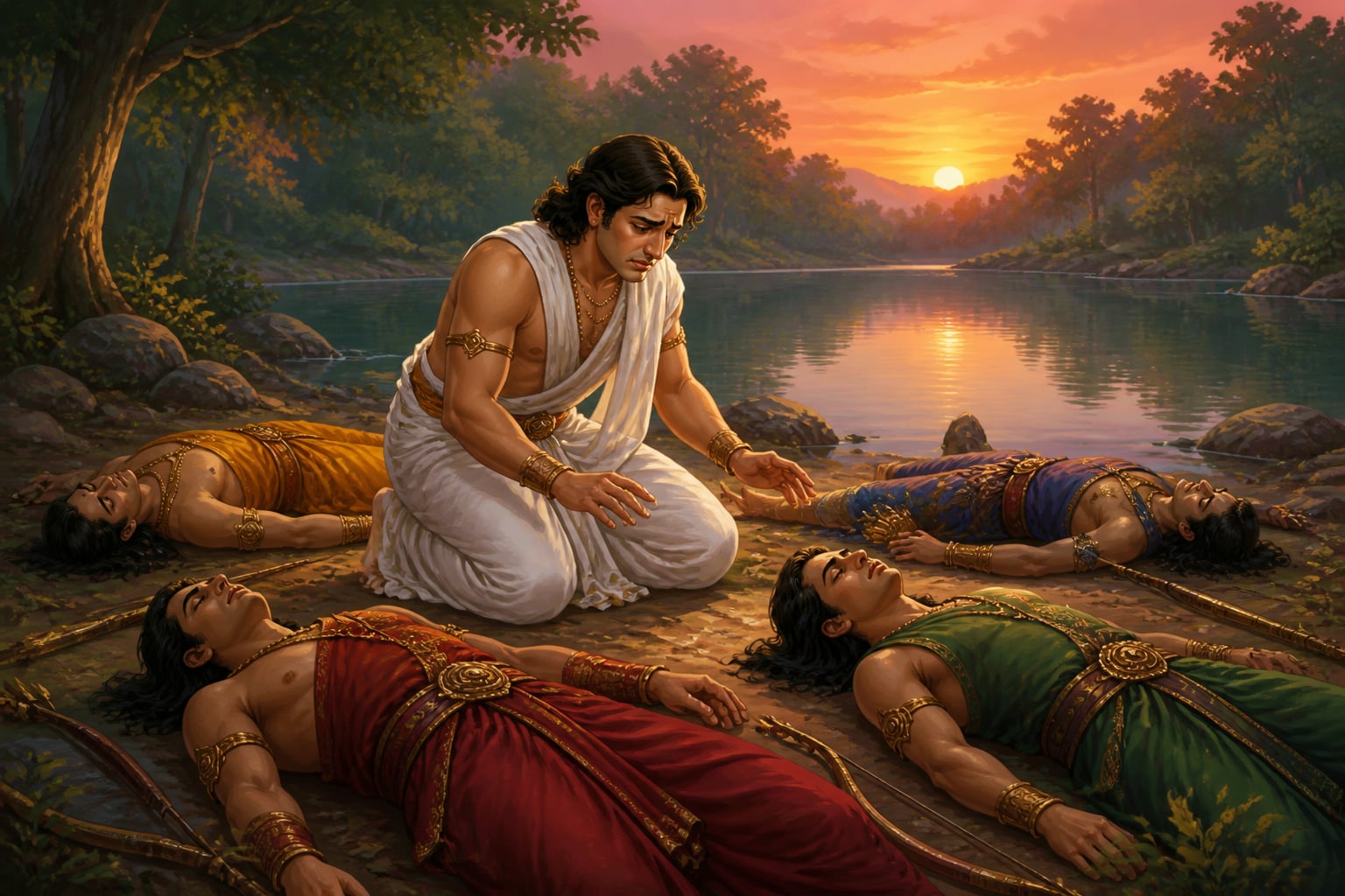 Yudhishthira kneels among his four lifeless brothers at the lake