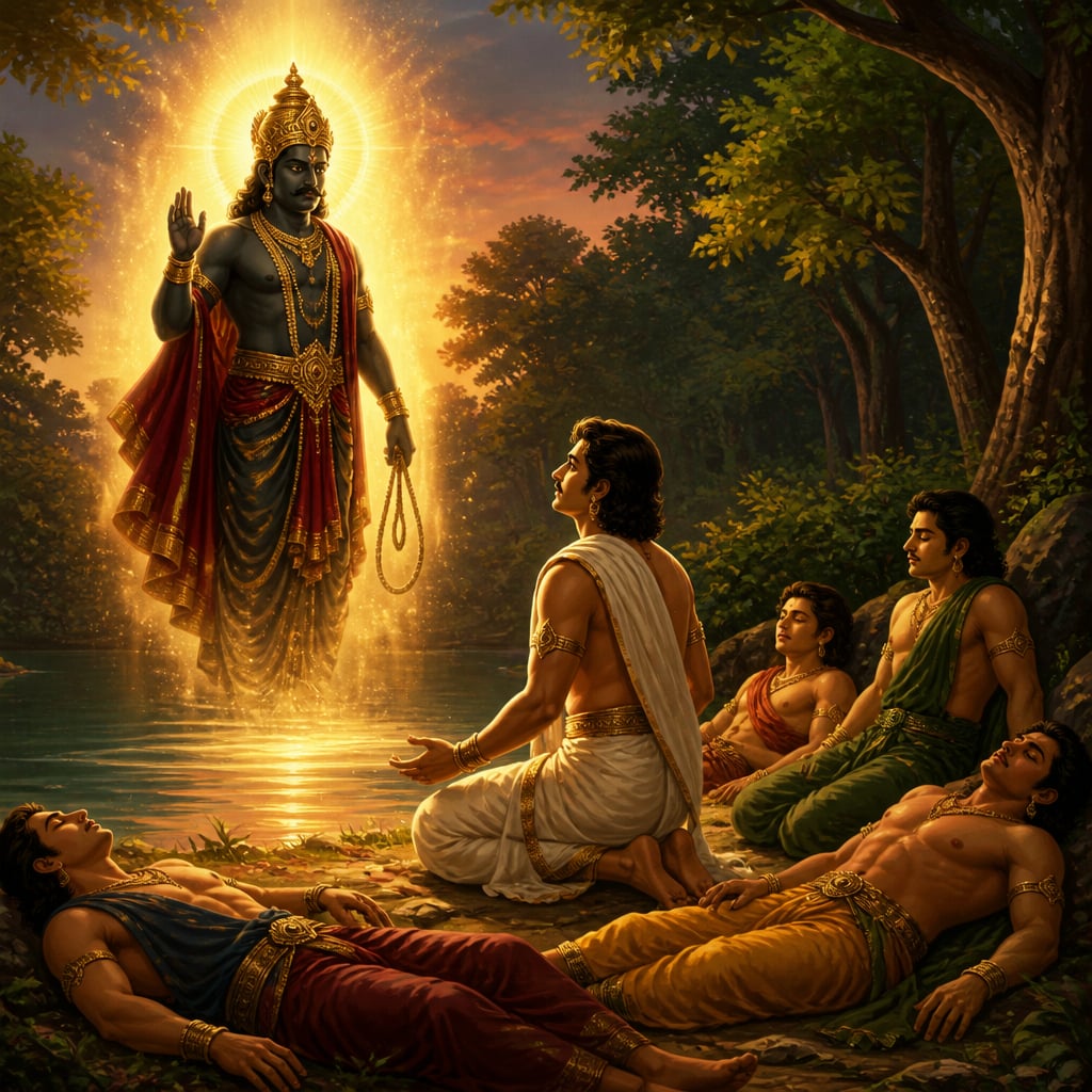 Yama rises in radiant divine light above the still lake as Yudhishthira kneels in awed recognition with his four reviving brothers around him.
