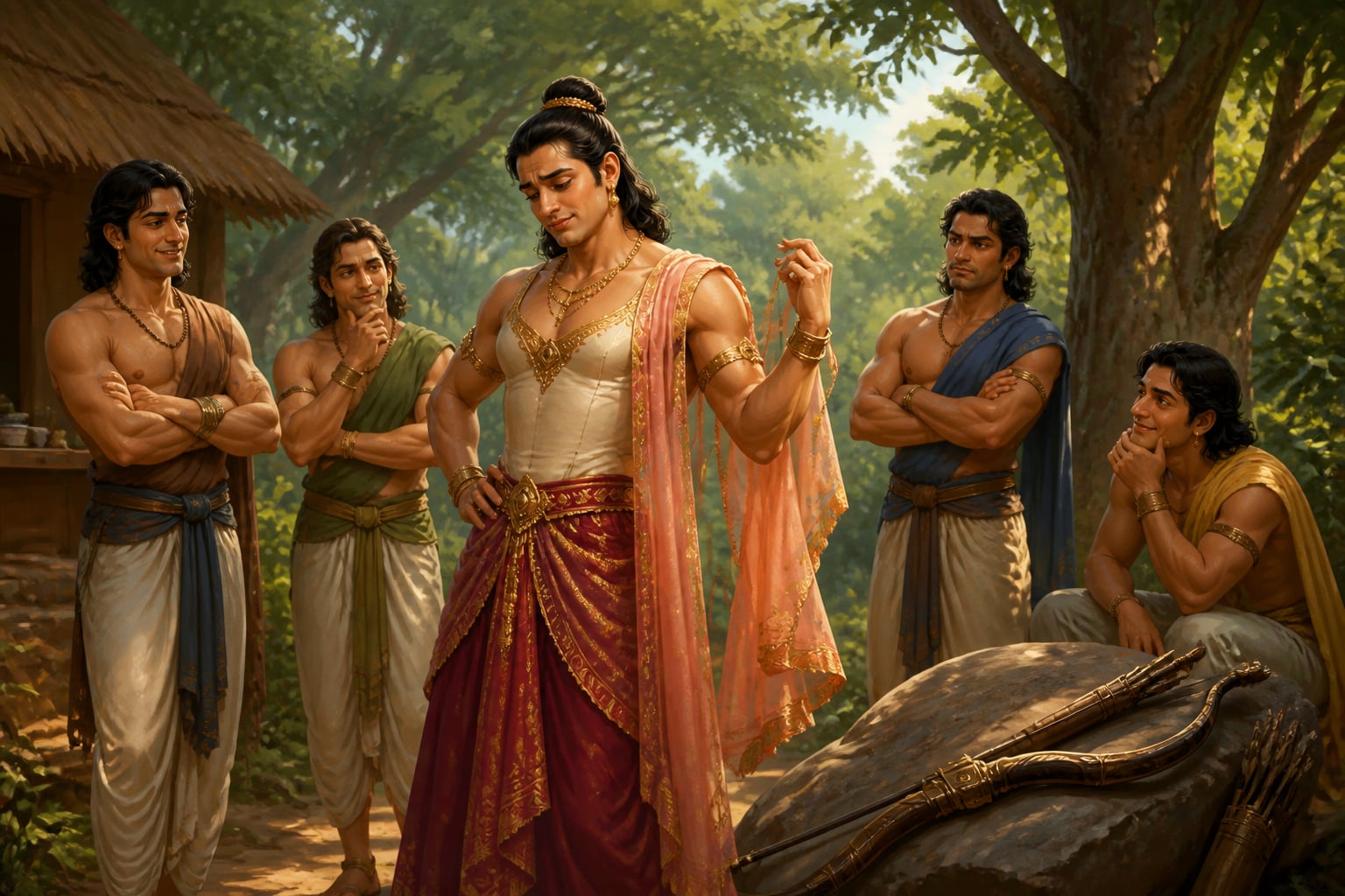 Arjuna tries on the Brihannala dance-master's costume