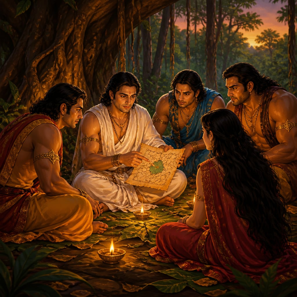 The five Pandavas and Draupadi sit in tight council under a great banyan at evening as Yudhishthira points out Virata on a bark map.