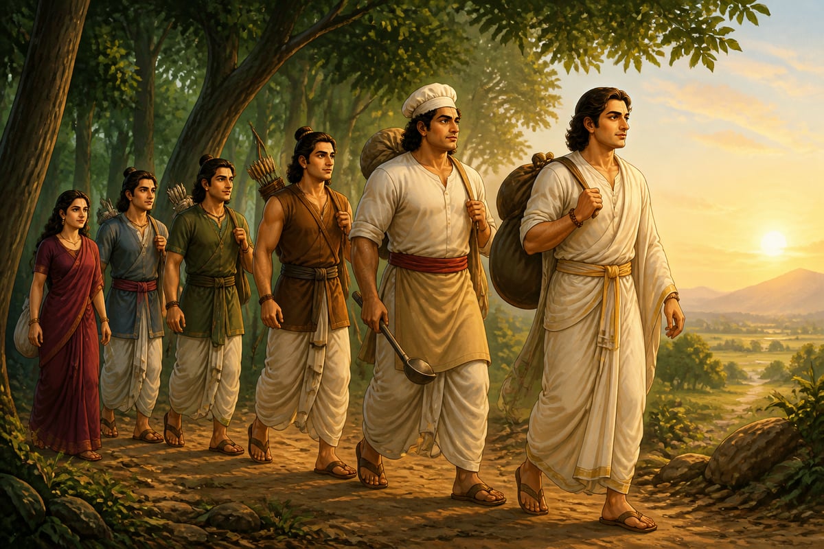 The Pandavas walk out of the forest at dawn toward Virata