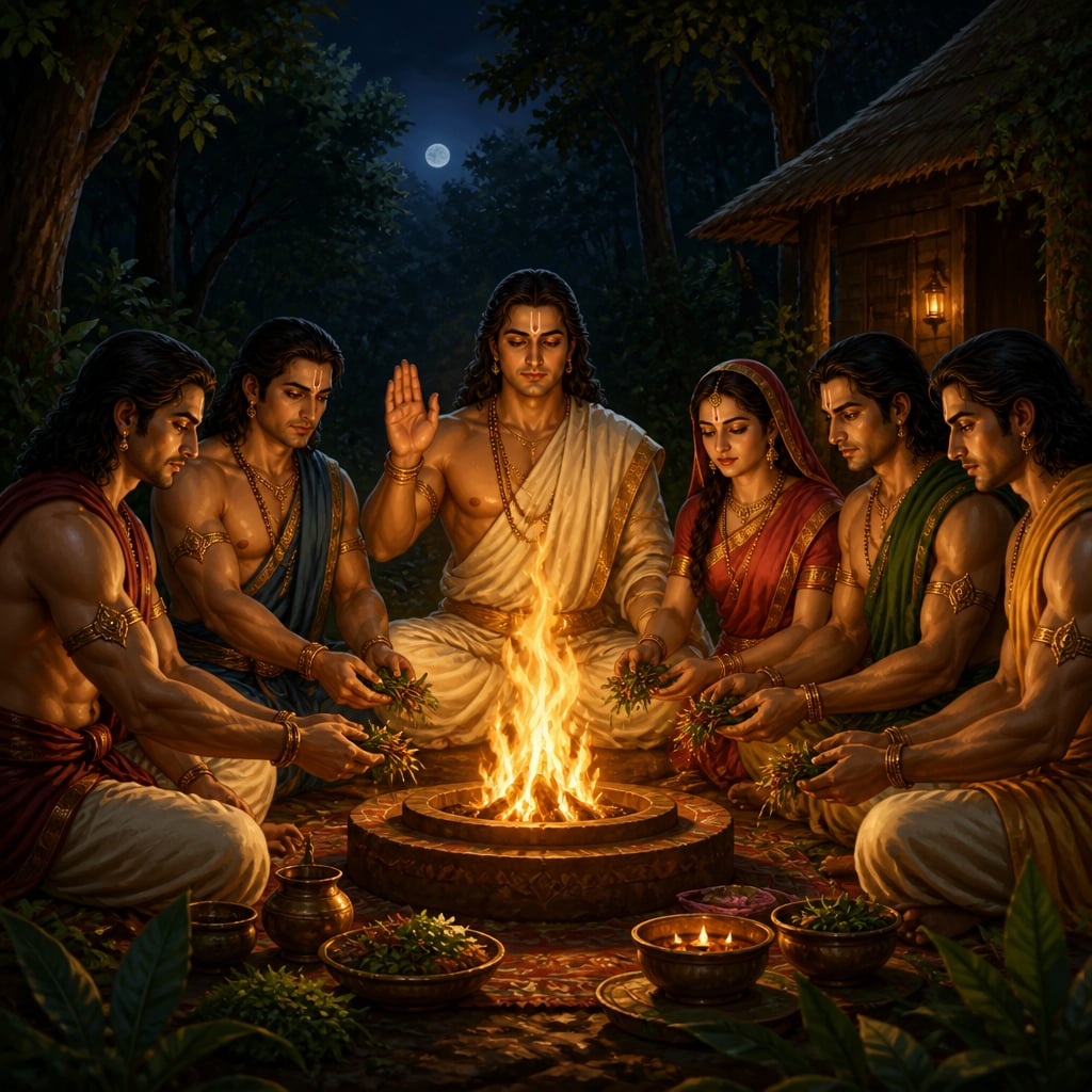 The Pandavas and Draupadi gather around a low sacred fire on their final night of exile as Yudhishthira leads the vow.