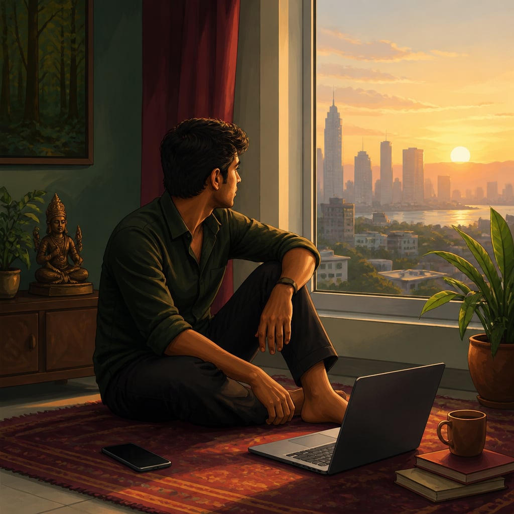 A young Indian professional sits alone on the floor of a small Mumbai apartment at sunrise, gazing out the window in quiet composure.