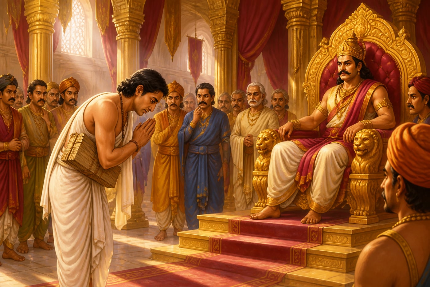 Yudhishthira as Kanka presenting himself at Virata's court
