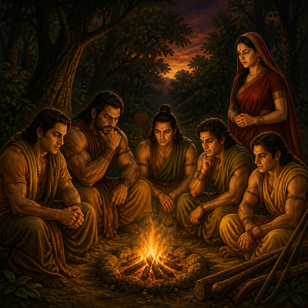 Yudhishthira, Bhima, Arjuna, Nakula and Sahadeva in tense council with Draupadi near Dwaitavana at dusk, a low fire between them and a great Shami tree behind.
