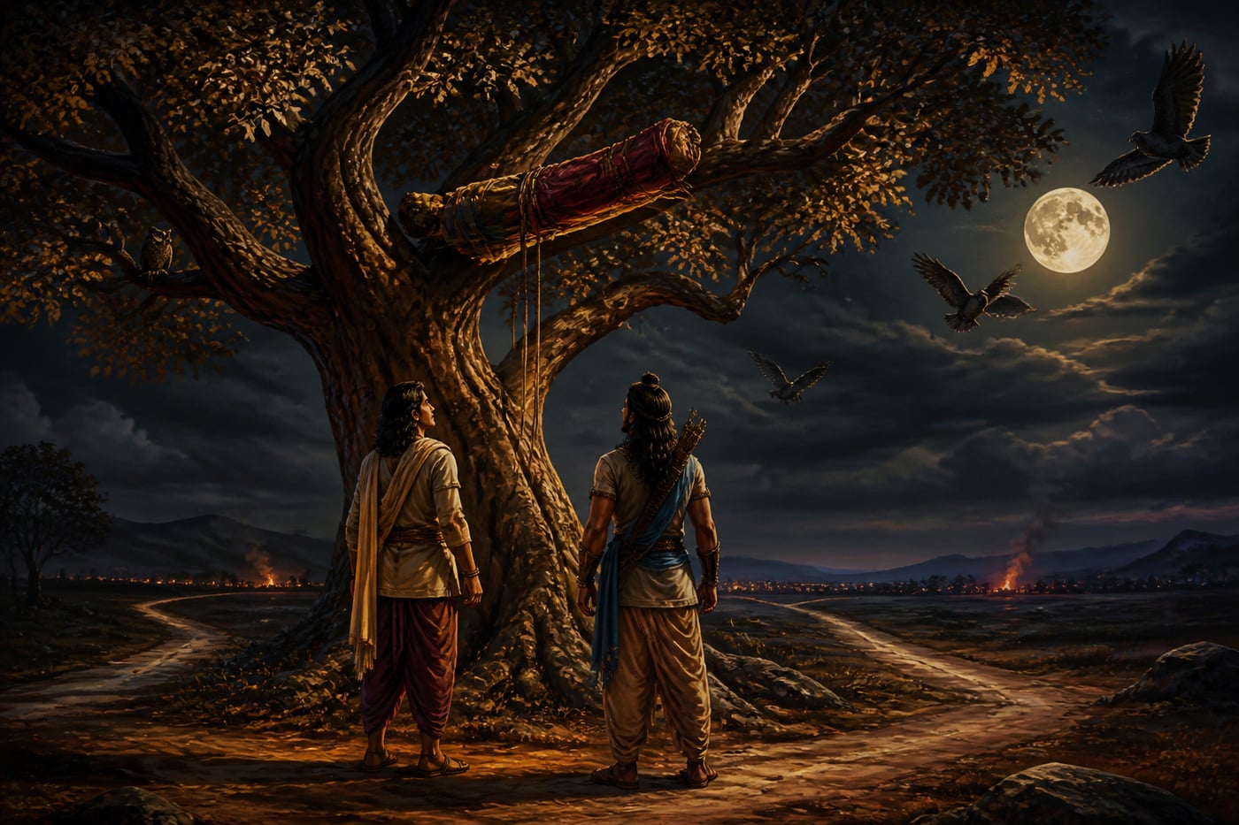 Pandavas hiding their divine weapons in the Shami tree at midnight