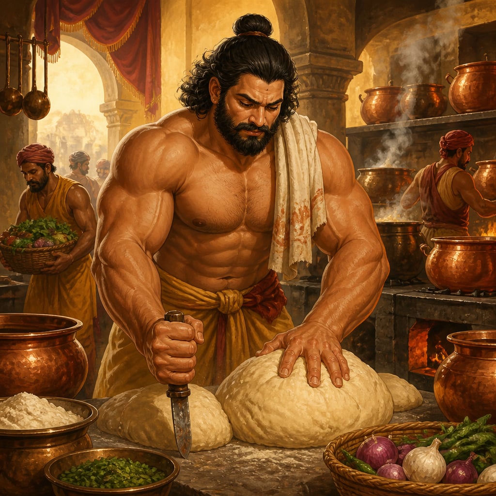 Bhima disguised as the cook Vallabha kneading great mounds of bread on a stone counter in Virata's bustling palace kitchen at midmorning.