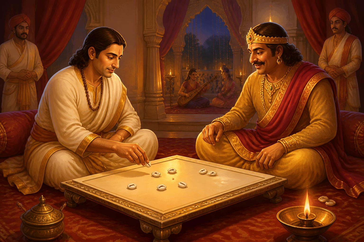 Yudhishthira as Kanka playing dice with King Virata