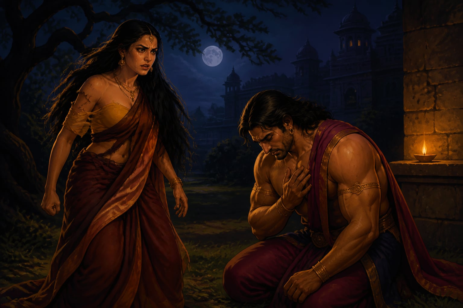 Draupadi confronting Bhima in the dark palace gardens at midnight
