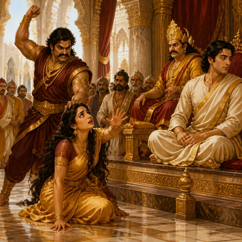 Draupadi as the maid Sairandhri pulled to her knees in Virata's audience hall, raising imploring eyes toward Yudhishthira disguised as Kanka who deliberately turns his face aside as Kichaka stands furious behind her.