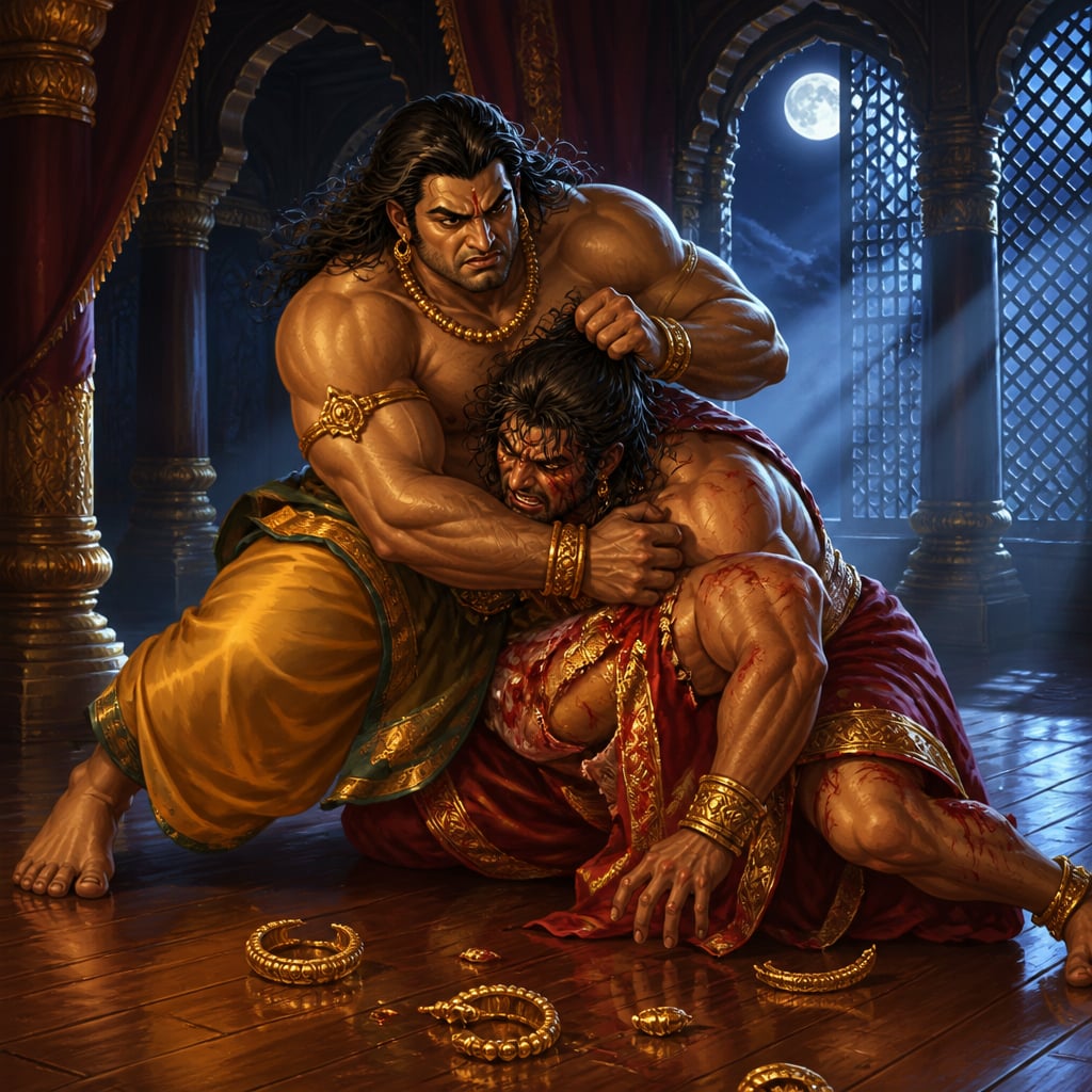 Bhima at his full unmasked size grappling Kichaka by the hair in the moonlit dance pavilion at midnight, both massive figures locked in a silent struggle across the polished wooden floor.