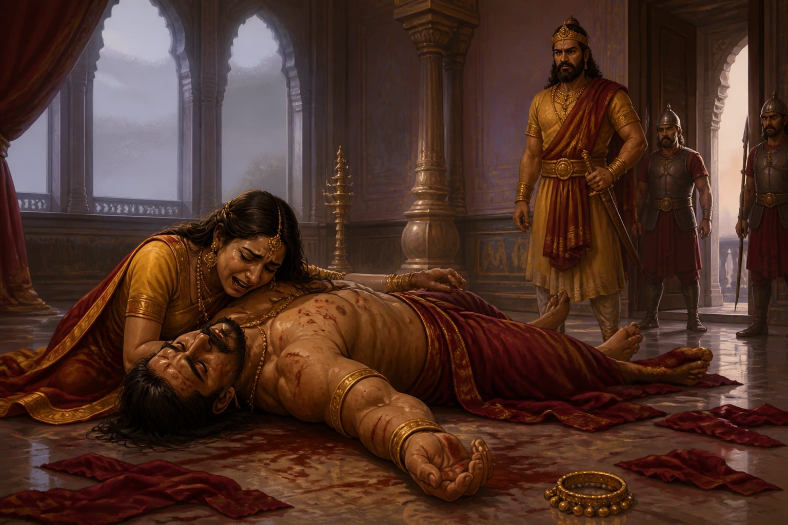 Sudeshna and Virata discovering Kichaka's body at dawn