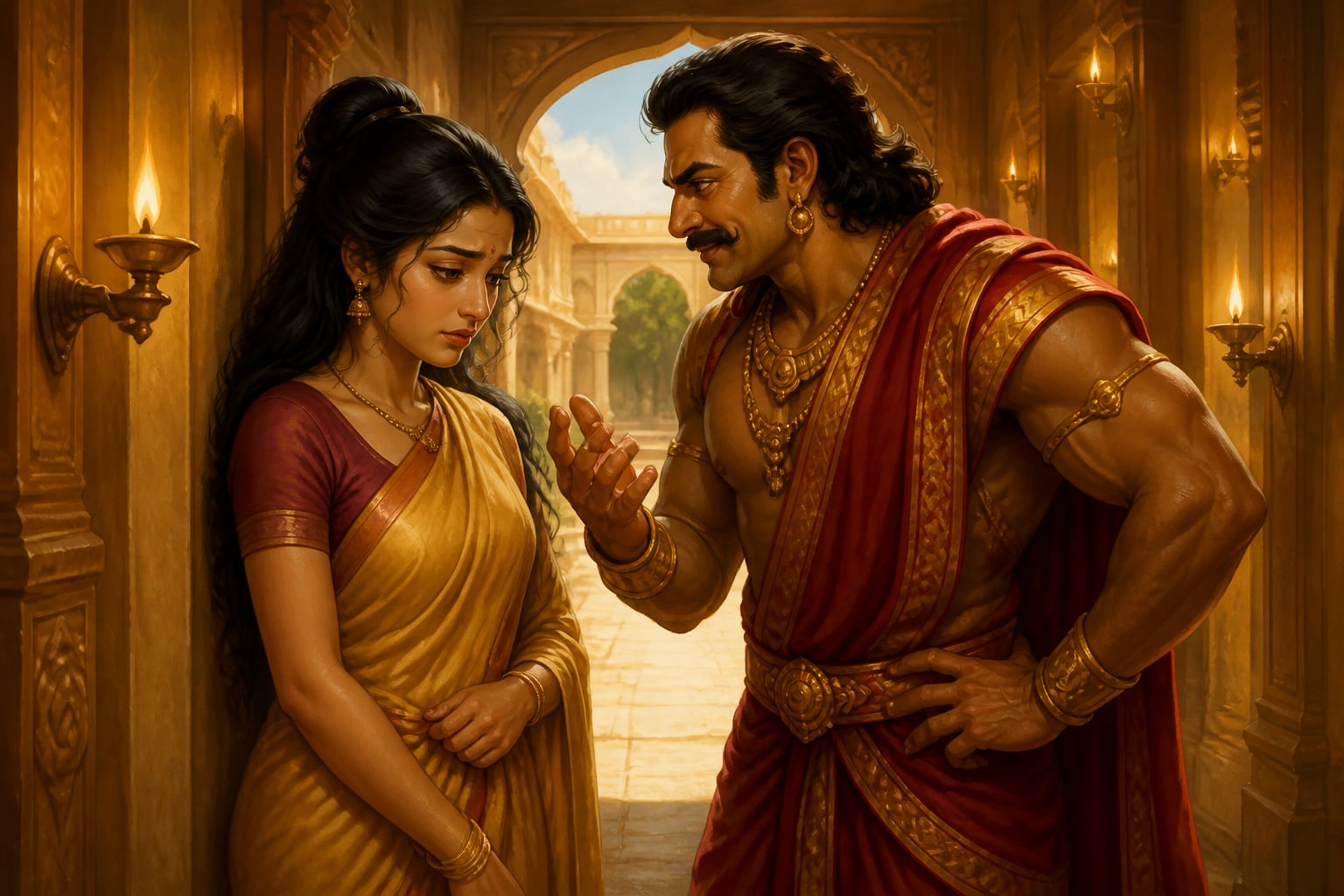 Draupadi luring Kichaka with feigned submission in the corridor