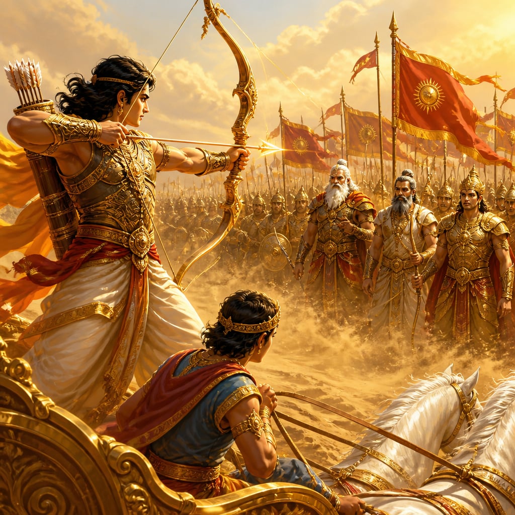Arjuna standing tall on Prince Uttara's chariot in his true warrior attire, the divine bow Gandiva drawn fully back with a brilliant arrow notched, facing the assembled Kaurava army of Bhishma, Drona and Karna at noon.