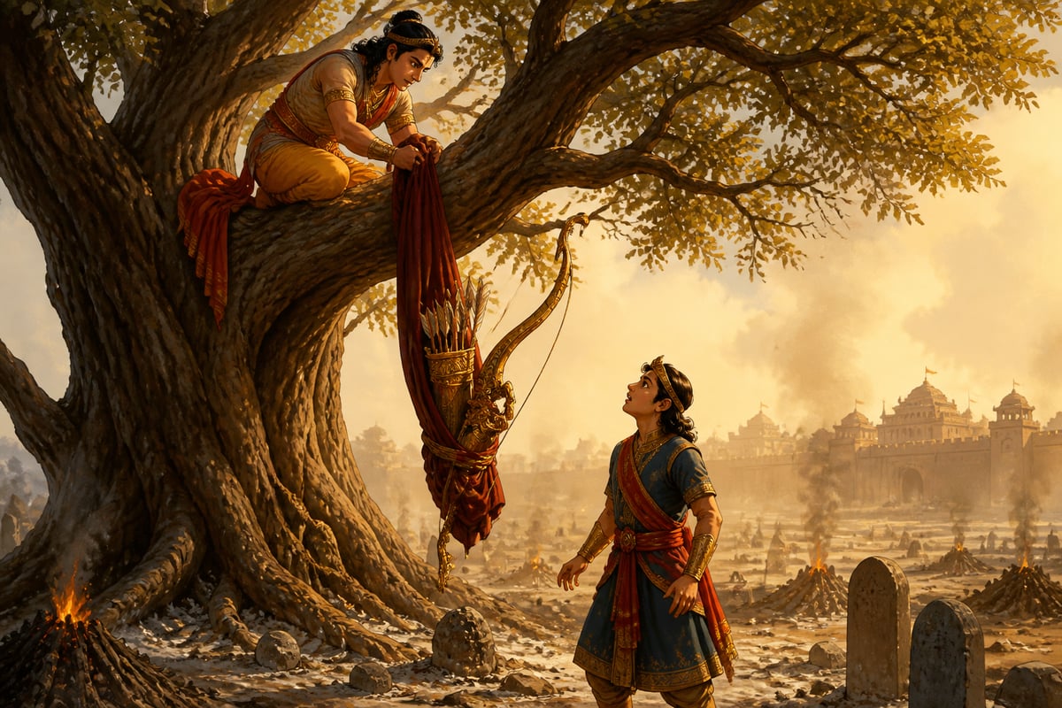 Arjuna retrieving the Pandava weapons from the Shami tree