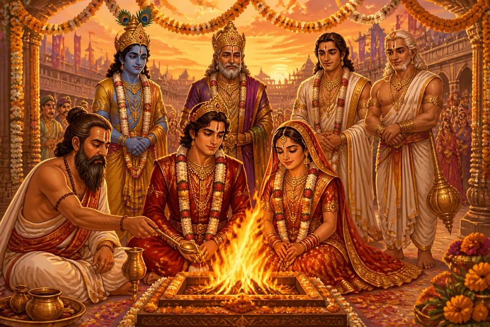 The wedding of Abhimanyu and Uttara before the sacred fire
