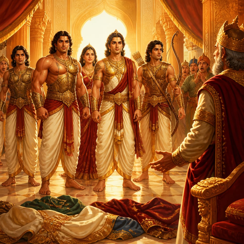 The five Pandavas standing tall in their true warrior attire before the astonished court of King Virata at midmorning, their humble servant garments cast aside at their feet.