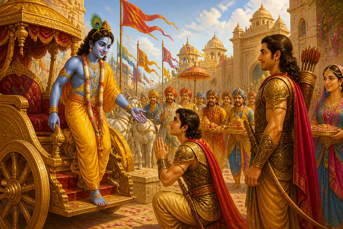 Krishna and Abhimanyu arriving at Virata's palace