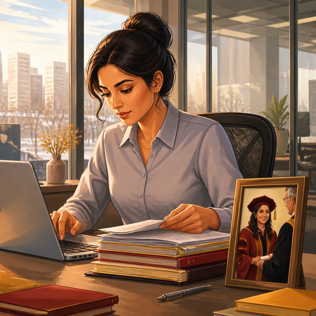 A modern Indian-origin immigrant woman in her early thirties in a tailored office shirt working at a clean glass-walled corporate desk at midmorning, a small framed photograph of her academic robes on the desk-edge.