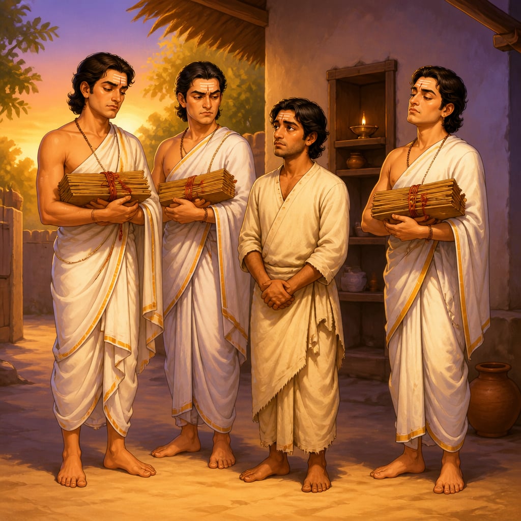 Three scholar brothers in white dhotis cradling palm-leaf manuscripts look down with contempt at their fourth brother Manthaputra in their modest home courtyard at dawn.