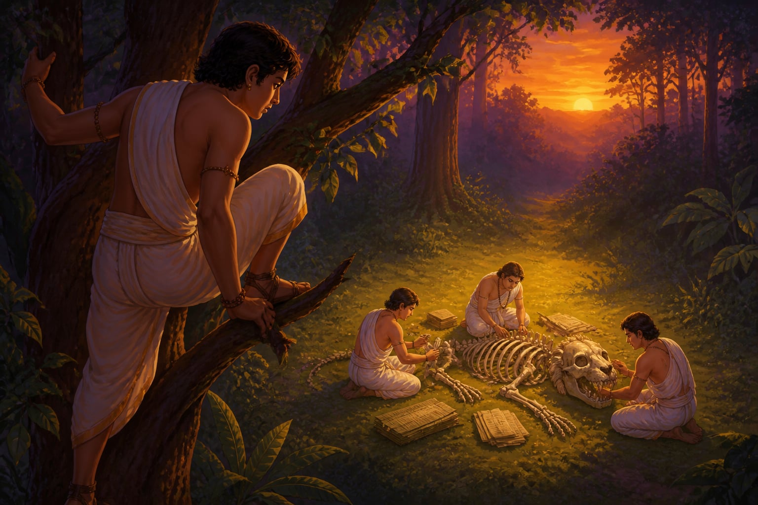Manthaputra climbing the tree while scholars gather around the lion skeleton