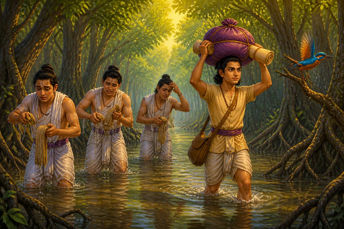 The four brothers knee-deep in marsh water