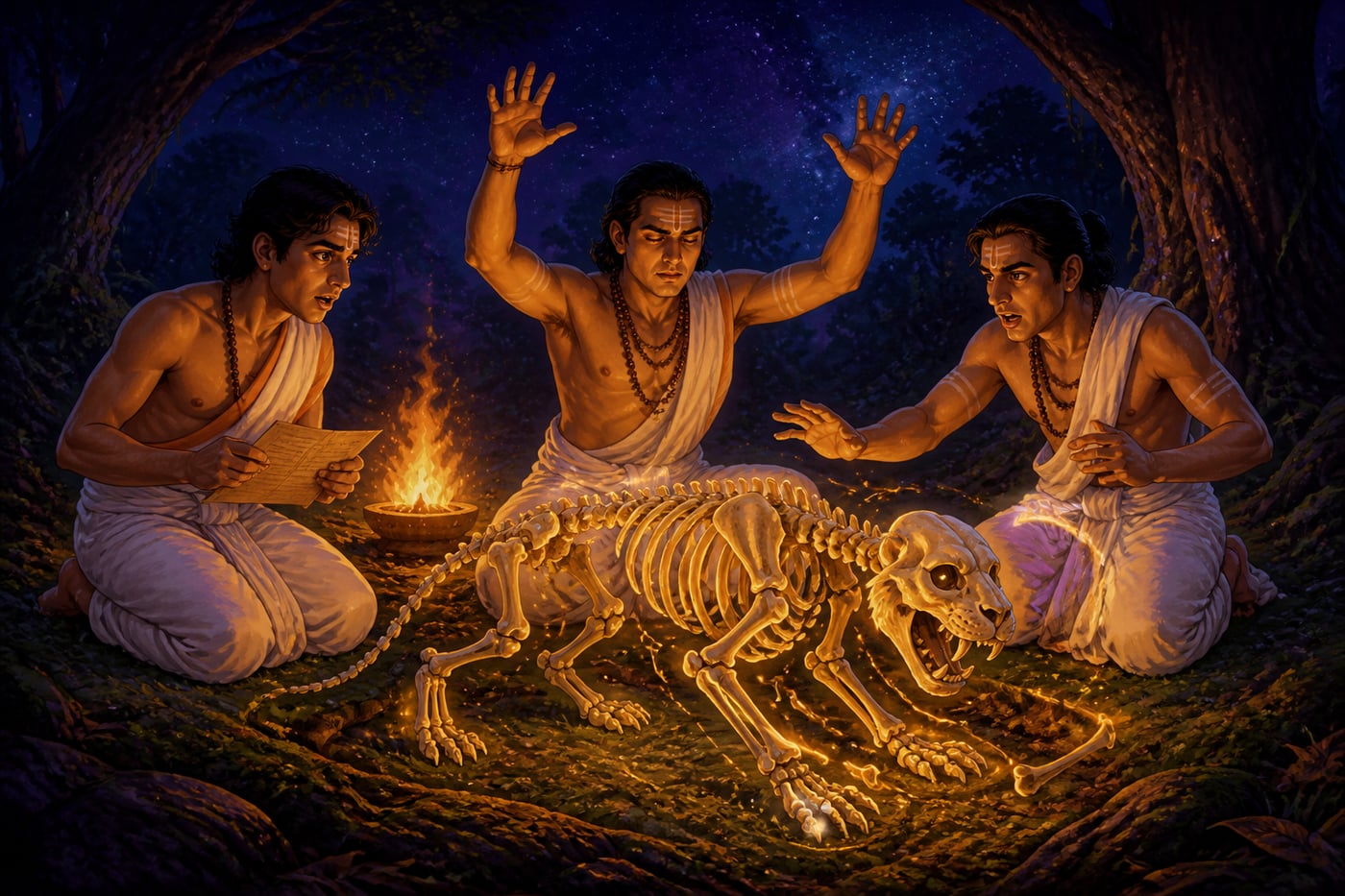 Three scholars chanting as the lion bones reassemble in the night clearing