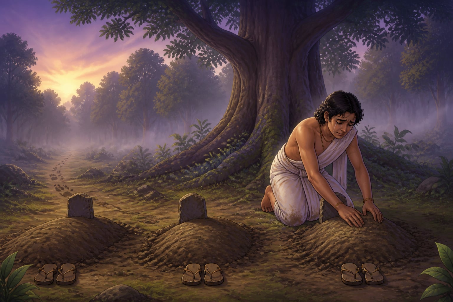 Manthaputra burying his three brothers at dawn