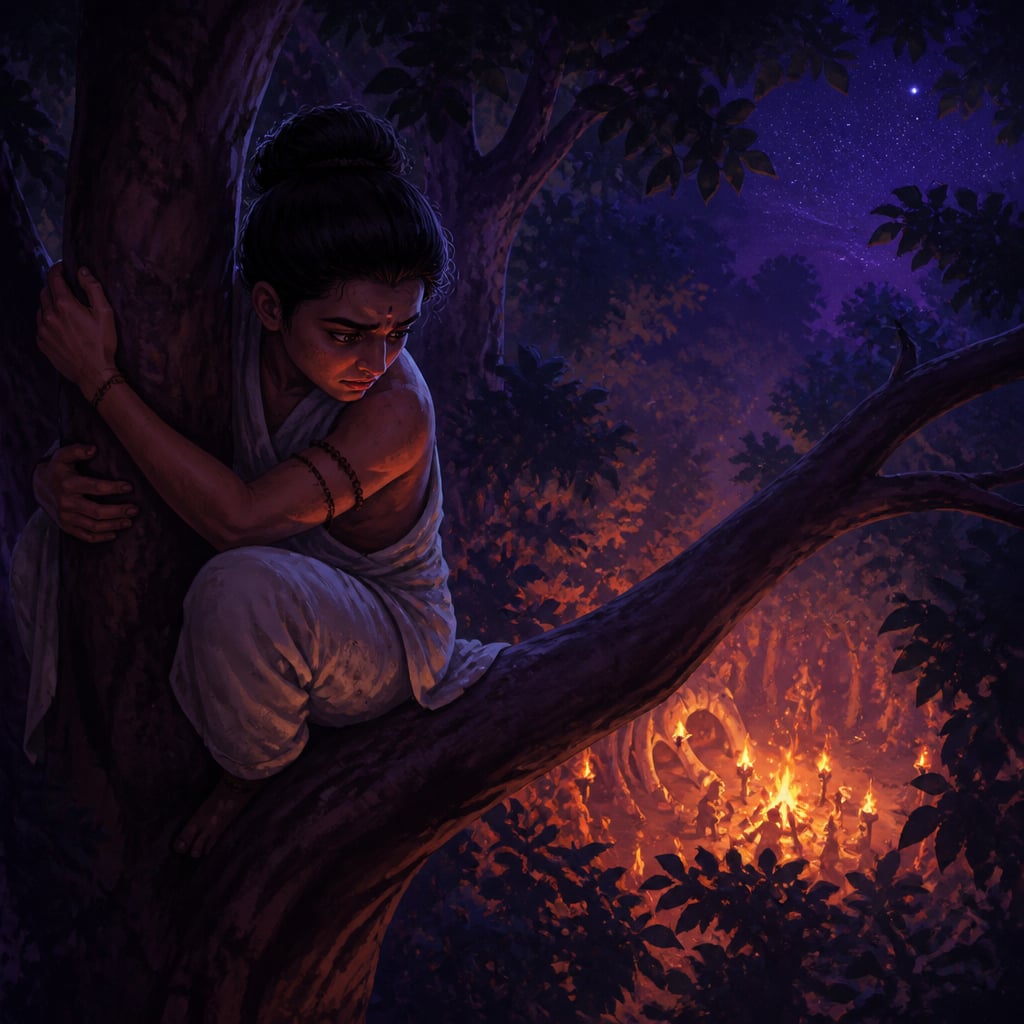 Manthaputra crouched alone on a high tree branch in deep darkness, watching the embers of his brothers' ritual fire far below in the forest clearing.