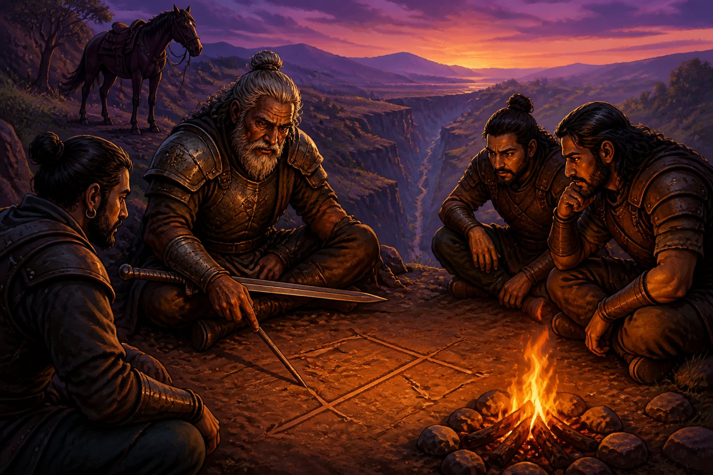 Old General Kritavarma sketching an unconventional attack route by firelight
