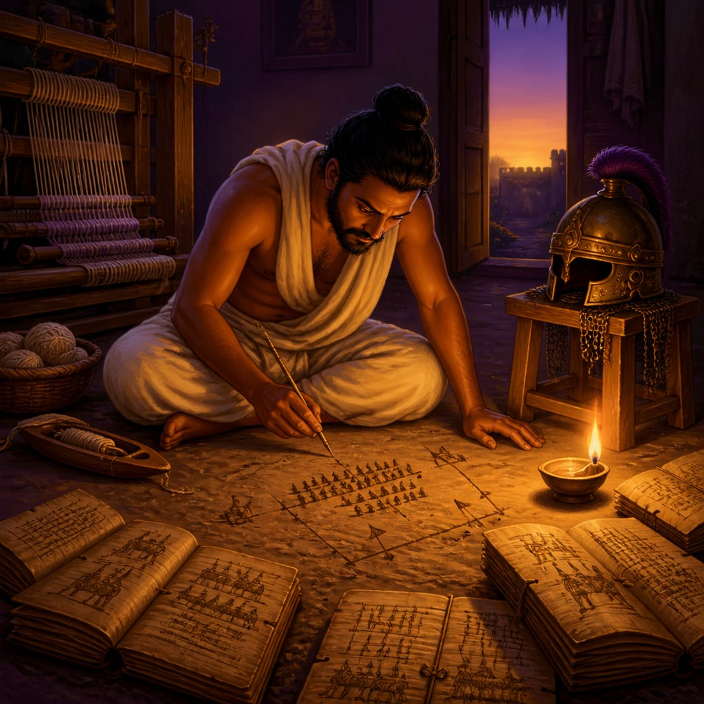 Shankuka the weaver seated cross-legged late at night in his workshop, military treatises spread across the floor, drawing battle formations by oil-lamp light.