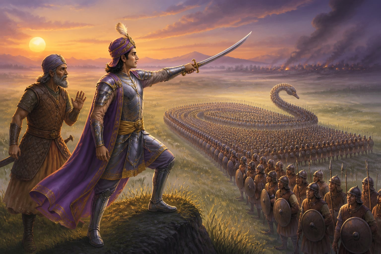 Shankuka leading a rigid swan formation across a dawn plain