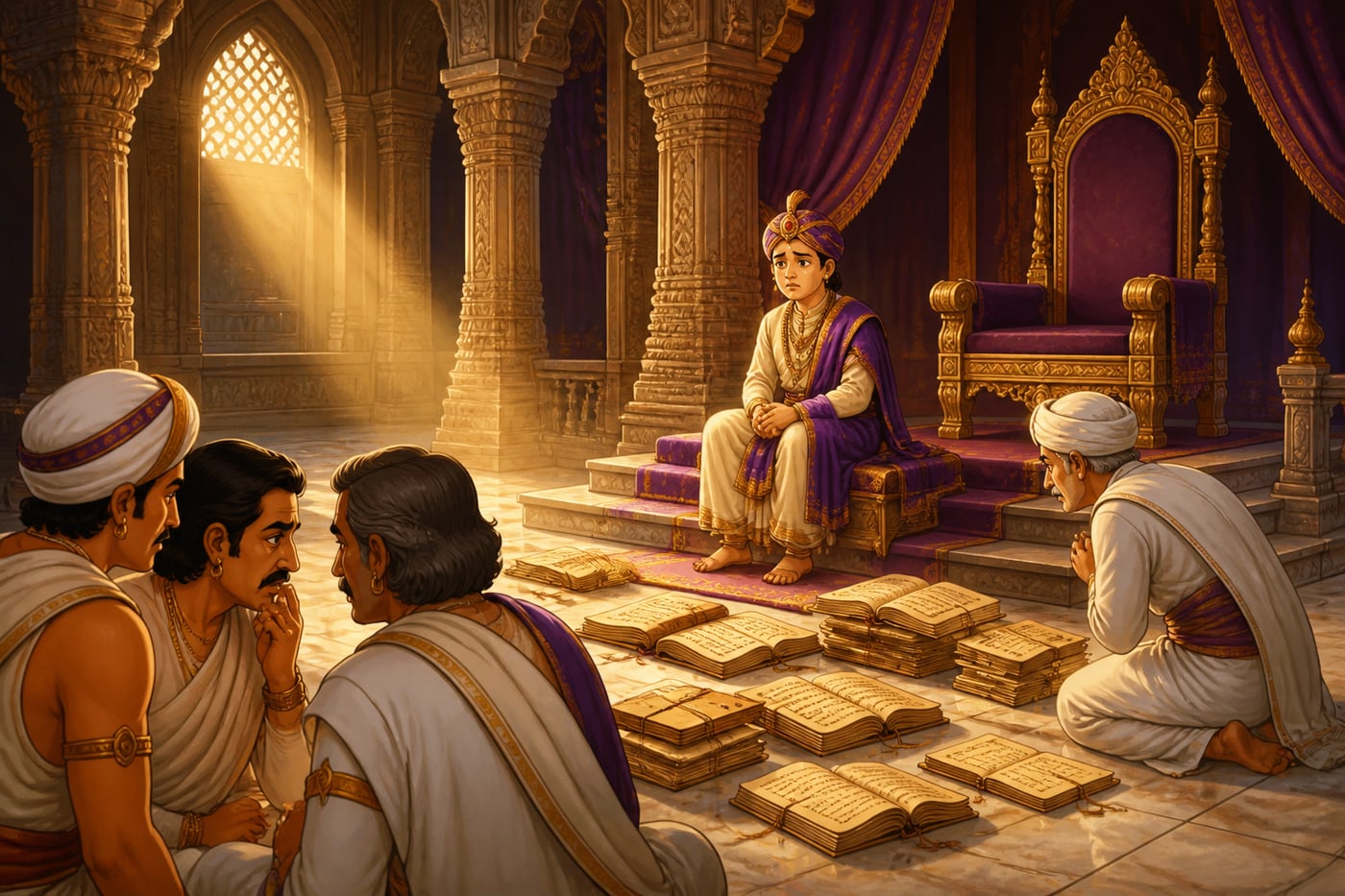 Prince Vidyasagara paralyzed in palace council with stacked books